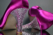 wedding photo - Wedding Shoes -- Fuschia Pink Wedding Peep Toe Shoes with Silver Rhinestone Covered Heel