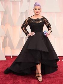wedding photo - 2015 Oscar Kelly Osbourne Celebrity Evening Dresses Sheer Long Sleeve Lace Scallop Black High Low Red Carpet Dresses Party Ball Gown Online with $114.5/Piece on Hjklp88's Store 