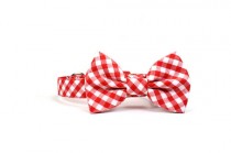 wedding photo - Red Gingham Dog Collar Bow Tie Set Check Wedding Bowtie Adjustable