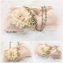 wedding photo - Bridal Clutch Wedding Clutch Vintage Inspired Purse in Blush, Champagne, Tan, Gold and Ivory with Ostrich Feathers, Brooch and Pearls