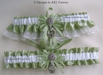 wedding photo - Irish Wedding Garters Claddagh Shamrock Love Knot Charms Handmade Spring Moss Garters