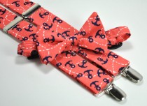 wedding photo - Coral and Navy Anchors Boy's Bow Tie and Suspender Set - Nautical Tie and Suspenders - Toddler Suspenders