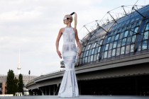 wedding photo - Art Deco Wedding Dress w. Fishtail, Futuristic Bridal Gown, Geometric White Hologram Spandex, Sci Fi Mermaid, Space Bride, by LENA QUIST