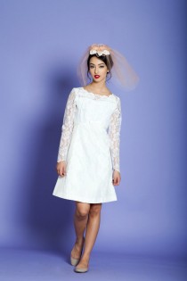 wedding photo - 1960s Mod Mini Wedding Dress, Vintage 60s Long Sleeve White Lace Wedding Gown, Size Small