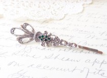 wedding photo - Victorian Silver Emerald Hair Pin - Green Rhinestone Silver Bobby Pin - Wedding Hair Accessory - Bridal