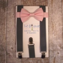 wedding photo - Blush Bow Tie and Charcoal Grey Suspenders, Toddler Suspenders, Baby Suspenders, Ring Bearer, Pale Pink, Soft Pink, Light Pink