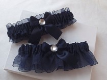 wedding photo - Wedding Garter Set - Navy Blue Garters with Rhinestones