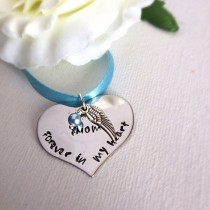 wedding photo - Wedding Bouquet Memorial Heart Shaped Charm With Wing Hand Stamped Something Blue WA03
