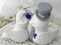 wedding photo - Lovebirds Wedding Cake Topper, White, Purple, Lilac and Grey, Bride and Groom Keepsake, Fully Customizable