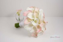 wedding photo - Real Touch Calla Lily Wedding Bridal Bouquet Boutoniere Set. AB glass crystals- purple, white, cream, orange, green, yellow, pink, ivory
