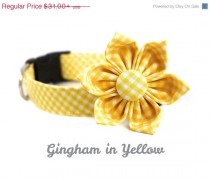 wedding photo - ON SALE Yellow Gingham Dog Collar with Flower Set - Adjustable and Removable Dog Accessory