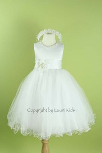 wedding photo - Flower Girl Dress - WHITE Wavy Bottom Dress with WHITE Sash - Communion, Easter, Junior Bridesmaid, Wedding - From Toddler to Teen (FGWBW)