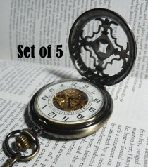 wedding photo - Set of 5 Pocket Watches Personalized Engravable Groomsmen Celtic Love Knot Destash Clearance