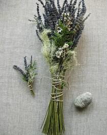 wedding photo - Natural Woodland Wedding Bouquet and Grooms Boutonniere of French Lavender, Cedar, Lichens and Moss Tied with Natural Hemp Twine