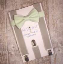 wedding photo - Mint Bow Tie and Grey Suspenders, Toddler Suspenders, Baby Suspenders, Ring Bearer, Light Green, Pastel