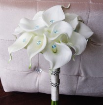 wedding photo - Silk Wedding Bouquet with Calla Lilies - Off White Natural Touch Callas and Crystals Silk Bridal Flowers