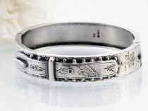 wedding photo - 1888 Victorian Sterling Silver Bangle Bracelet / Belt Buckle Bracelet / Hinged Antique Cuff Engraved Silver Bangle with English Hallmarks
