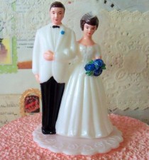 wedding photo - Modern Vintage Bridal / Wedding Cake Topper / Bride and Groom / DIY / Bridal Shower Cake Decoration / White Tuxedo / Blue Flowers