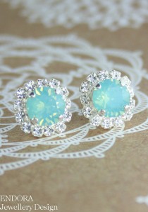 wedding photo - Mint opal earrings,Bridesmaid earrings,Aqua mint earrings,Seafoam earring, Aqua stud earrings, Bridesmaids gift, Beach Bridal jewelry