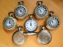 wedding photo - Set of 7 Rustic Antique Gold Bronze Quartz Pocket Watches with Vest Chains Groomsmen Gift Grooms Corner Keepsake Ships from Canada