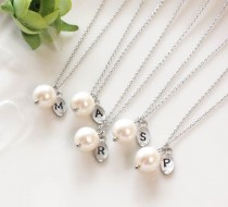 wedding photo - Bridesmaid gifts - Set of 7, 8, 9 -Leaf initial, pearl pendant necklace,Personalized necklace, Freshwater pearl, Swarovski pearl