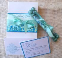 wedding photo - Elegant wedding invitation suite, boxed damask fabric scroll in aqua and turquoise, romantic frozen winter or mermaid fairytale event {25}
