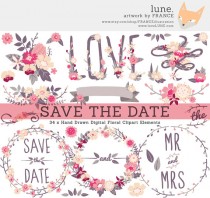 wedding photo - Save The Date Wildflower Wedding Clipart. Flower Clip Art Wreaths, Banners + Bouquets. Hand Drawn Floral Digital Designs. Valentine's Day.