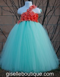 wedding photo - Flower girl dress. Mint TuTu Dress.baby tutu dress with Coral Hydrangeas  , toddler tutu dress, wedding, birthday,