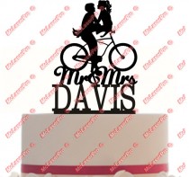 wedding photo - Custom Wedding Cake Topper Mr and Mrs a bicycle silhouette Personalized with your last name, choice of color and a FREE base for display