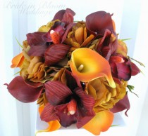 wedding photo - Wedding bouquet autumn fall bridal bouquet real touch orchids calla lilies red orange brown