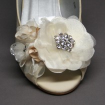 wedding photo - Wedding Shoes -- Ivory Wedding Wedge with Ivory and Champagne Flower Adornments