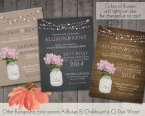 wedding photo - Mason Jar Wedding Invitations with a Mason Jar Filled with Pink Hydrangeas - Country Wedding Invitations 