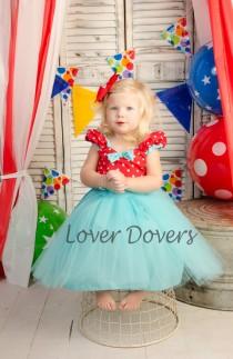 wedding photo - Flower Girl dress in red and  Tiffany blue Retro Polka Dot  dress tutu dress ROCKABILLY I Love Lucy girls toddler  fifties style dress 50s