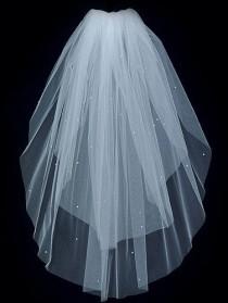 wedding photo - Wedding Bridal Veil  DIAMOND WHITE Two Tier Elbow length scattered Rhinestones with Plain Cut Edge