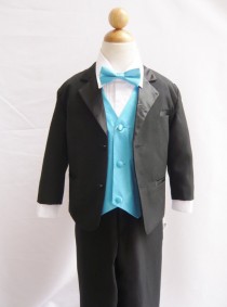 wedding photo - Formal Boy Tuxedo Black with Turquoise Vest for Toddler Baby Ring Bearer Easter Communion Bow Tie Size 10, 12, 14, and More