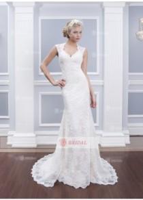 wedding photo -  Mermaid/Trumpet V-Neck Buttons Court Train Lace Cap Sleeves Wedding Dresses