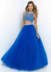 wedding photo -  Fashion Cheap Sparkly Two Piece Beaded High Neck Brilliant Blue Prom Dress