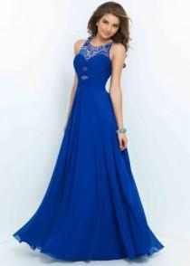 wedding photo -  New Cheap Long Flowy Sapphire Scoop Neck Beaded Cutouts Ruched Prom Dress