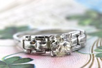 wedding photo -  Vintage Engagement Ring | Champagne Diamond Ring | Mid Century Ring | 1950s Wedding Ring | 18k White Gold Ring | Antique Ring | Size 7.25