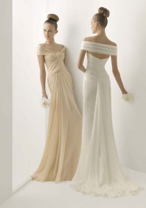wedding photo -  Asymmetric Waist Off-the-shoulder Column Brush Train Wedding Dress