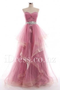 wedding photo -  Rose Pink Strapless Sweetheart Ruffled Tulle Long Prom Dress