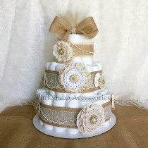 wedding photo -  3 tier rustic - shabby chic burlap diaper cake Shower Gift / Baby Shower Centerpiece