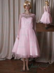 wedding photo -  LJ191 sheer bateau neck long sleeved pink vintate short wedding dress