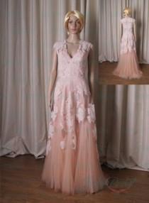 wedding photo -  LJ183B Inspired vintage blush colored cap sleeved lace tulle prom wedding dress