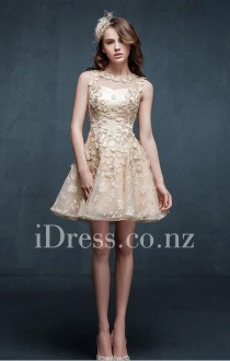wedding photo -  Gorgeous Flower Lace Appliqued Champagne A-line Short Illusion Prom Dress