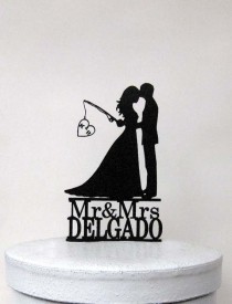 wedding photo -  Custom Wedding Cake Topper - Hooked on Love with personalized Initials   Mr & Mrs last name