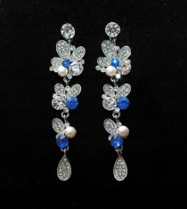 wedding photo -  Wedding Blue Earrings, Something Blue Earrings, Bridal Blue Jewelry, Long Dangle Rhinestone Earrings
