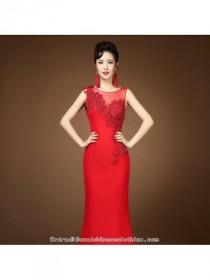 wedding photo -  Asymmetry floral lace evening dress floor length red bridal wedding gown
