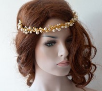 wedding photo -  Gold Bridal Headband, Gold and Pearl Wedding Crown, Bridal Hair Accessory, Wedding hair Accessory, Gold Leaf Headband