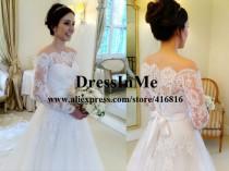 wedding photo -  Aliexpress.com : Buy Scalloped Neckline Off the Shoulder Long Sleeves Chantilly Lace Appliqued Princess Wedding Ball Gown Vestidos de Noiva from Reliable ball stret
